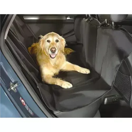 Husă de protecție neagră pentru bancheta din spate a mașinii pentru câini 144×144 cm, impermeabilă, Oxford 600D, PVC, orificii pentru centuri