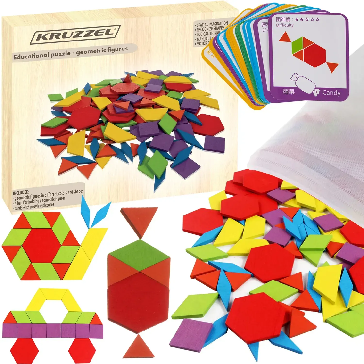 Fa mozaik kirakó 155 darabbal, 24 mintával, geometriai formák, 5 nehézségi szint, tok