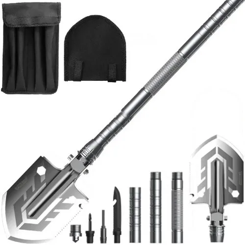 Multifunkční skládací lopata 16v1, sekerka, pilka, nůž, motyka, křesadlo, nerez ocel, teleskopická 37–67 cm