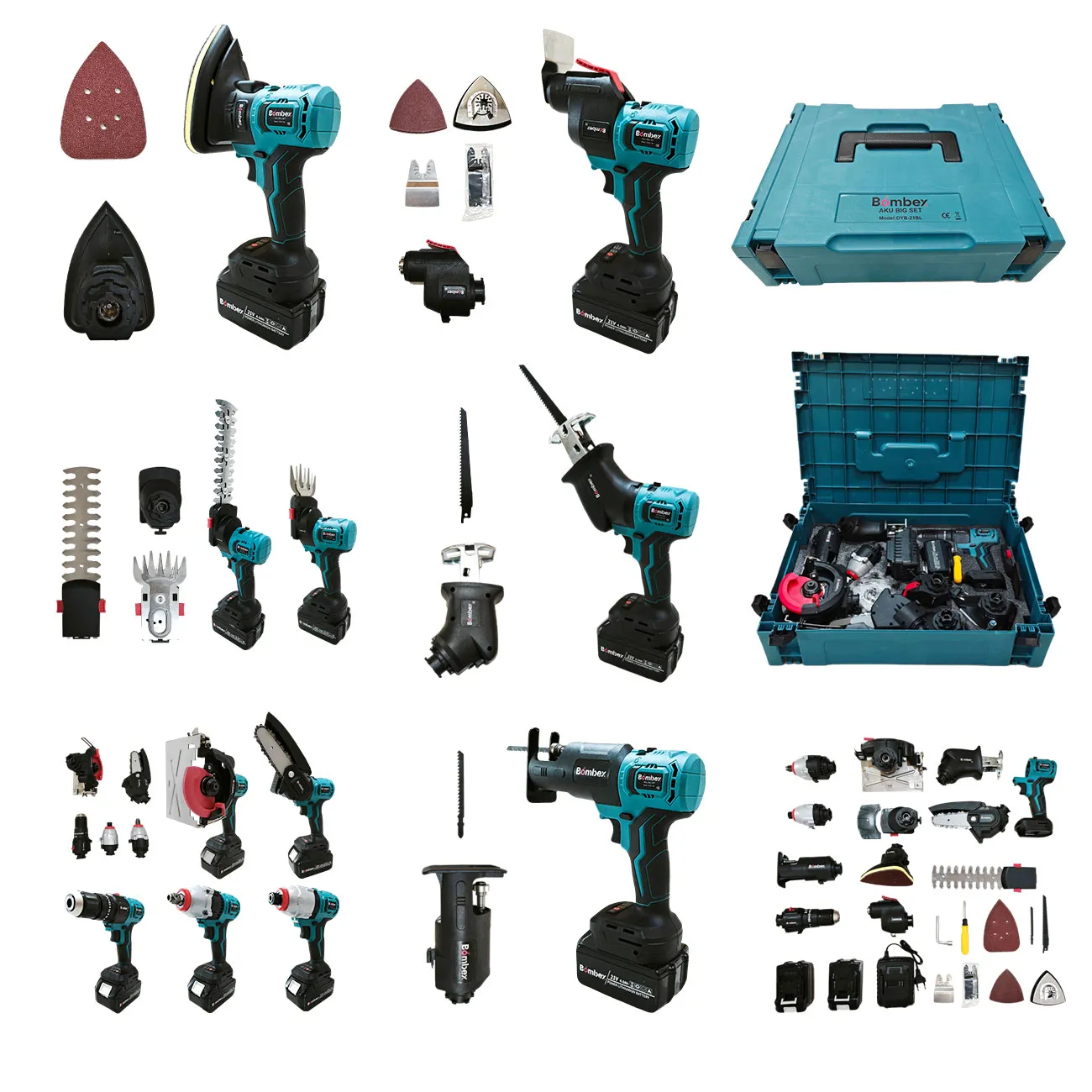 Večnamenski akumulatorski komplet 11v1 z 2 baterijama, vrtalnik, udarni vijačnik, 4 žage, brusilnik, škarje za živo mejo in travo, kovček