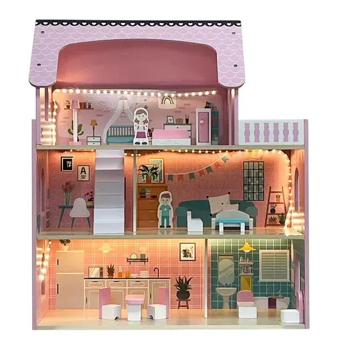 Căsuță din lemn pentru păpuși cu iluminare LED și mobilier, 3 niveluri, 5 camere și balcon