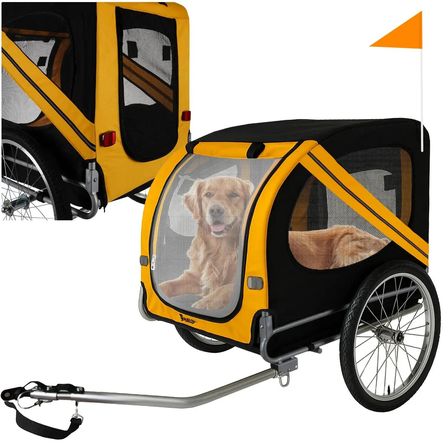 Remorcă neagră pentru bicicletă pentru câini până la 40 kg, cabină 75×52×65 cm, roți gonflabile 20", impermeabilă, centură de siguranță