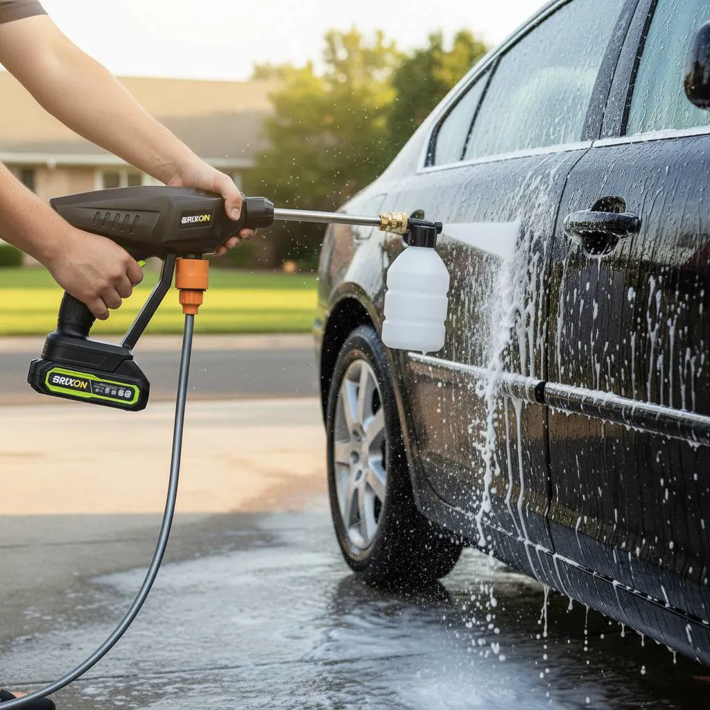 Akumulátorová ručná vysokotlaková čistička 160 W s 2 batériami, tlak 6–10 bar, hadica 5 m, 2 trysky