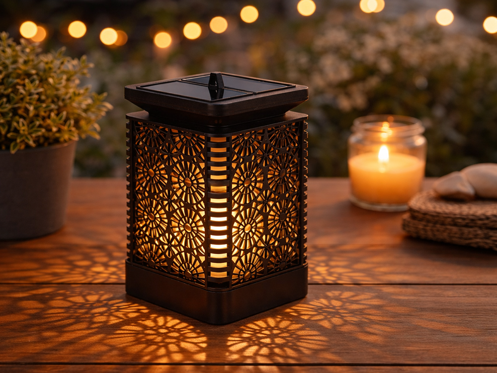 Černý solární LED lampion s vyřezávaným vzorem a senzorem soumraku, závěsný i stojací, voděodolný