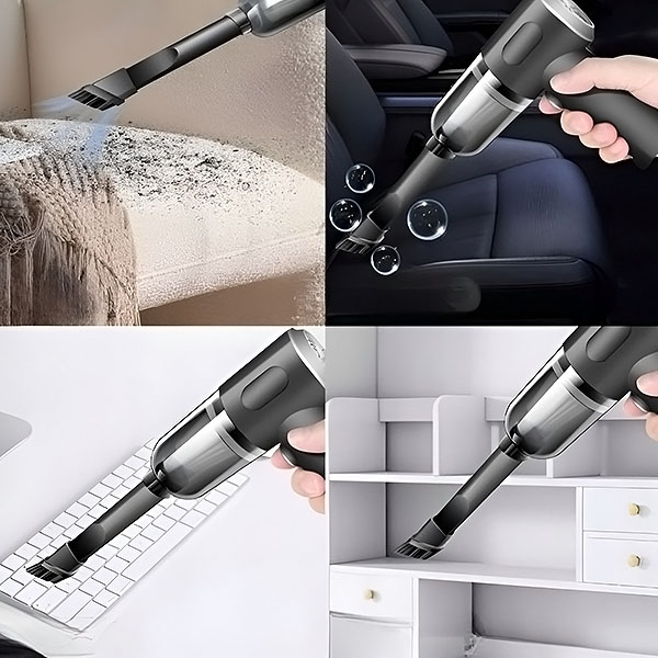 Ruční aku vysavač a kompresor 2v1, sání 9000Pa, 120W, USB dobíjecí, 2 nástavce, na auto, PC a nábytek