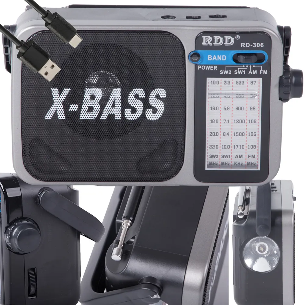 Přenosné rádio FM/AM/SW1/SW2 s X-BASS a LED svítilnou, aku 