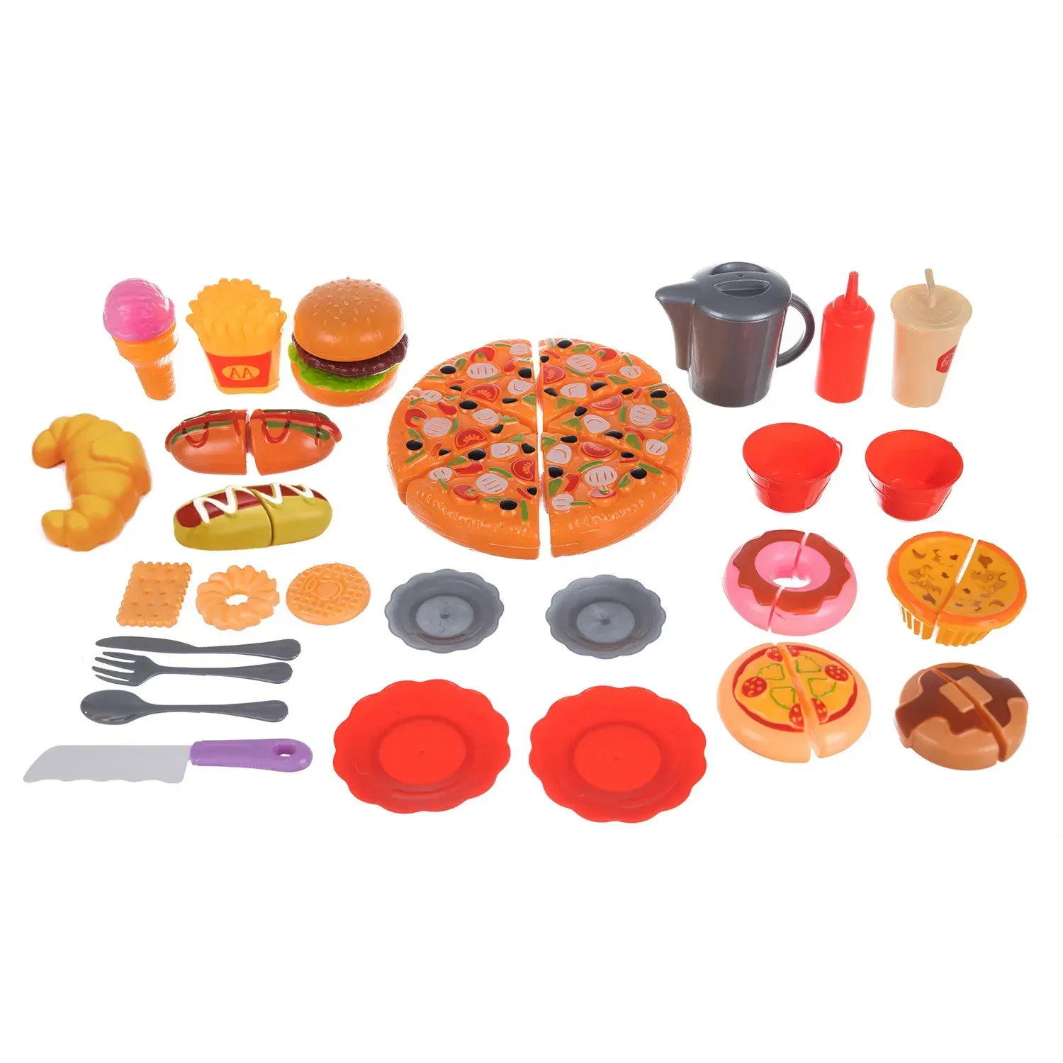 Dětská sada rychlého občerstvení 42 dílů, pizza na krájení se suchým zipem, hamburger a hranolky