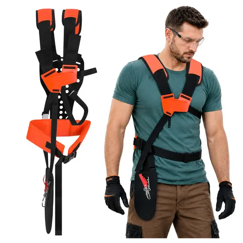 Dvouramenný popruh na křovinořez s bederním pásem 75–135 cm, nosnost 10 kg, ergonomický, nastavitelný 25–55 cm