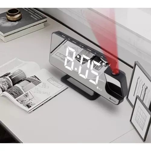 Ceas deșteptător digital 4-în-1 cu proiector, oglindă și iluminare LED, 5 niveluri de luminozitate