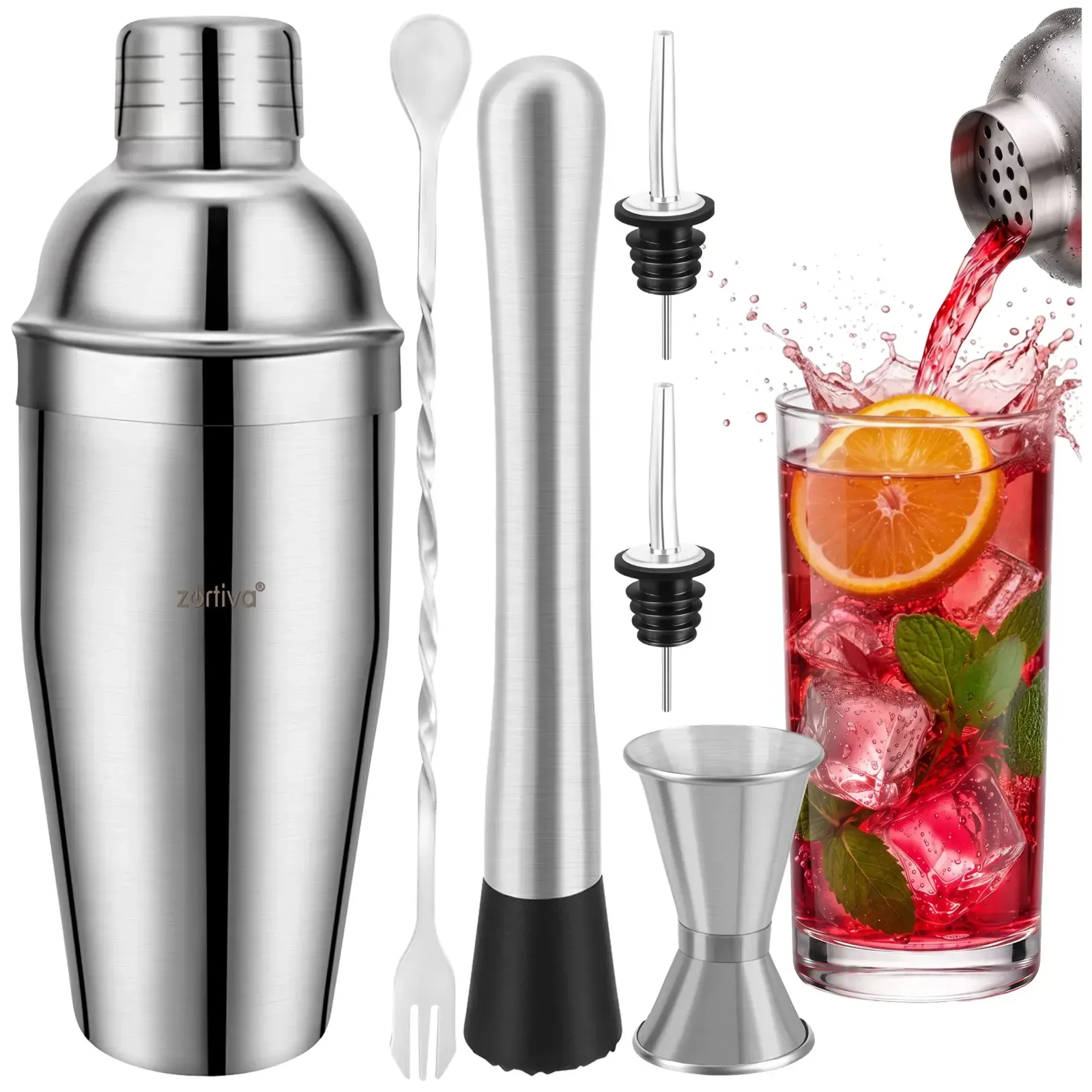 Set barman argintiu pentru cocktailuri 6-în-1, shaker din inox 700 ml cu sită, dozator 15/30 ml, muddler, lingură, 2 turnătoare