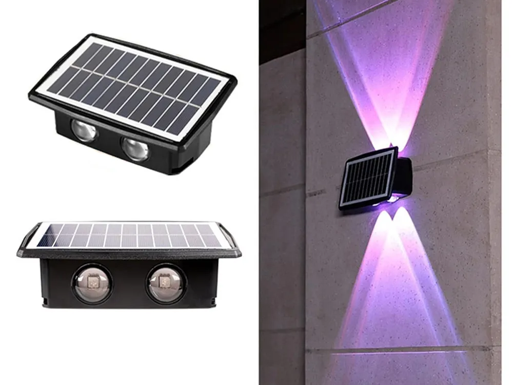 Solární nástěnná dekorativní lampa s vícebarevným LED světlem, soumrakový senzor, IP65