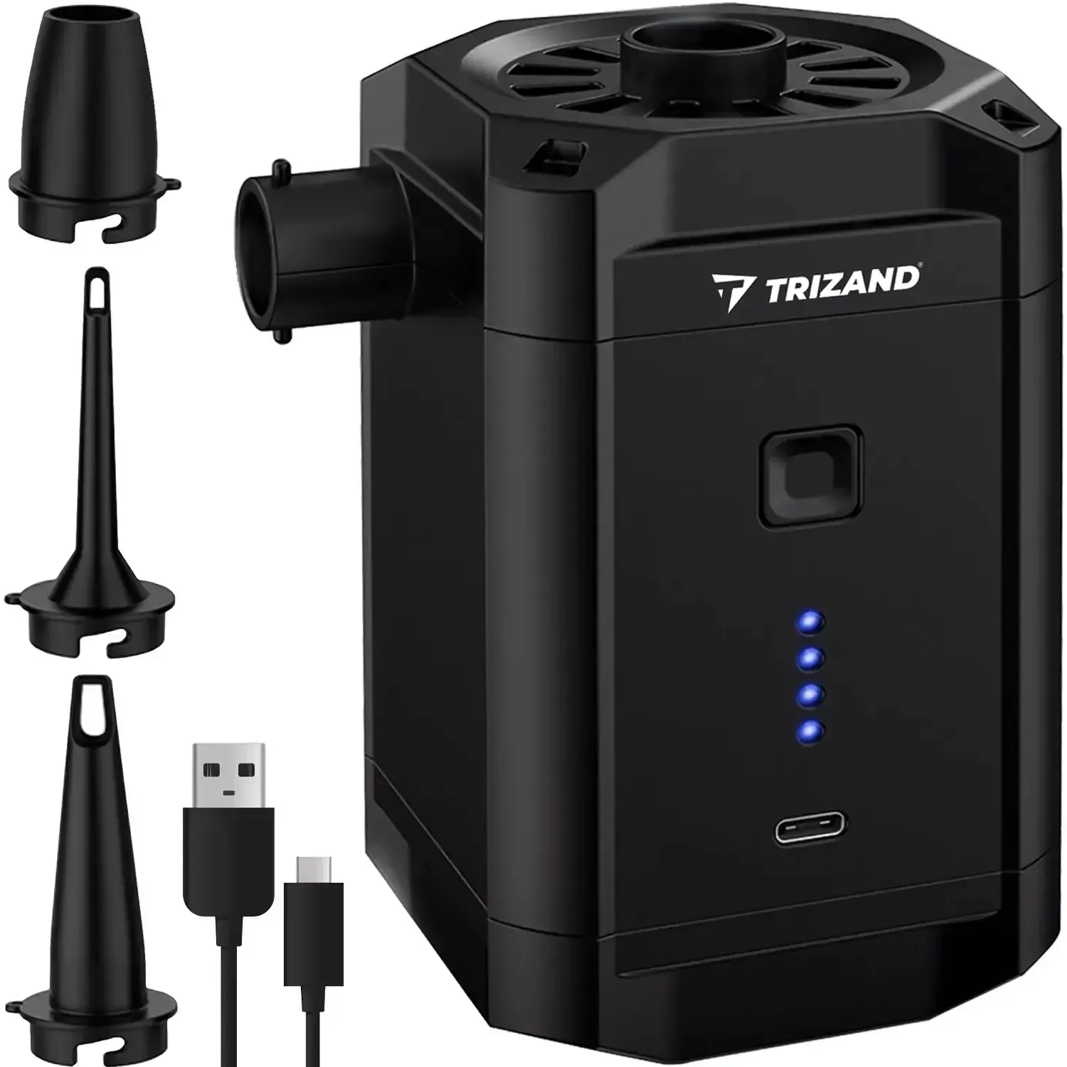 Černá aku pumpa na matrace s funkcí vyfukování, 3 nástavce, USB C