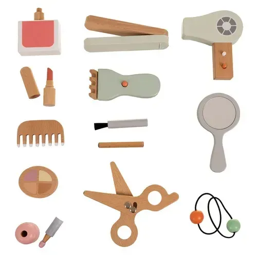 Set cosmetic din lemn pentru copii, 17 piese în borsetă, cu uscător de păr, pieptene și accesorii pentru machiaj
