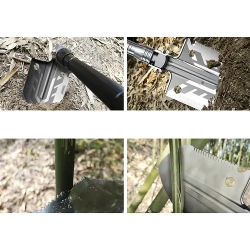 Multifunkční skládací lopata 16v1, sekerka, pilka, nůž, motyka, křesadlo, nerez ocel, teleskopická 37–67 cm