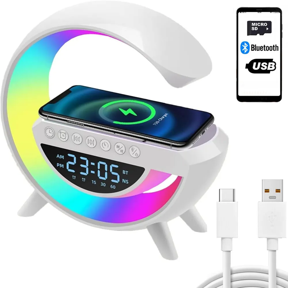 Lampička s Bluetooth reproduktorem, bezdrátovou nabíječkou 15W a LED světlem ve tvaru G