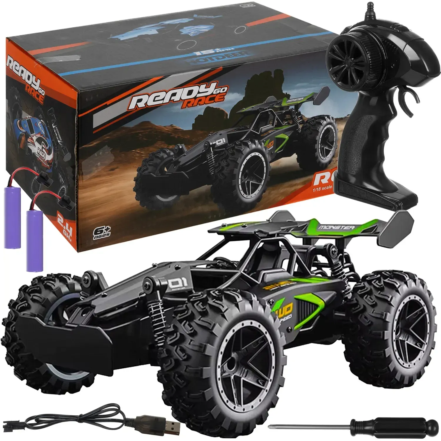 RC terénní auto na dálkové ovládání 1:18, rychlost 15 km/h, 2,4 GHz, 4 tlumiče, 2 baterie, dosah 40 m