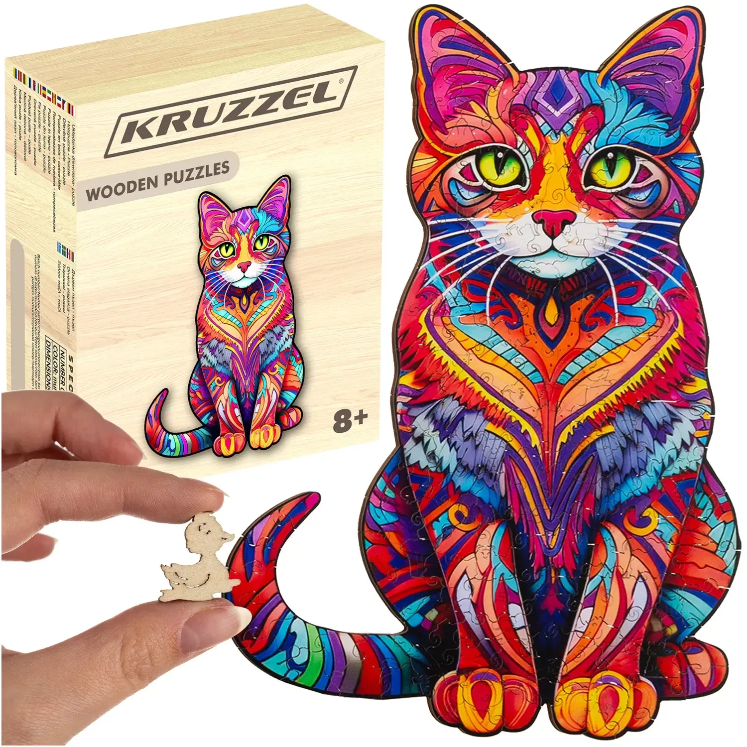 Fa macskás puzzle 130 darabból, díszítőmintákkal, dobozban, zárható tasakkal