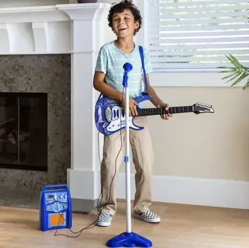 Modrá detská elektrická gitara 72 cm so zosilňovačom a mikrofónom, MP3 vstup, blikajúce svetlá, na batérie