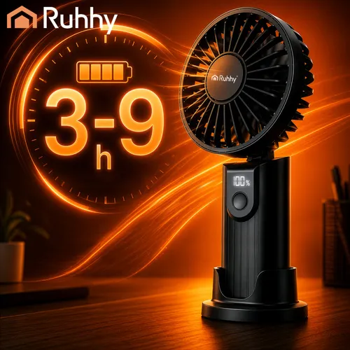 Černý přenosný mini ventilátor 4v1 ruční stolní a na krk, 4 rychlosti, aku 2400 mAh, výdrž 3–9h, USB-C