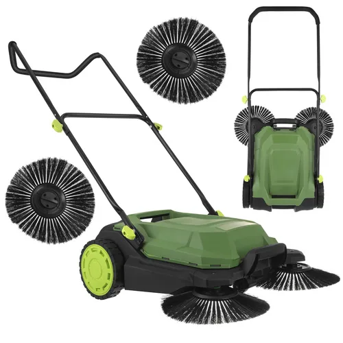 Ruční zametač venkovní se 3 kartáči a nádobou 24l, záběr 68cm, velká kola 20cm, černozelený