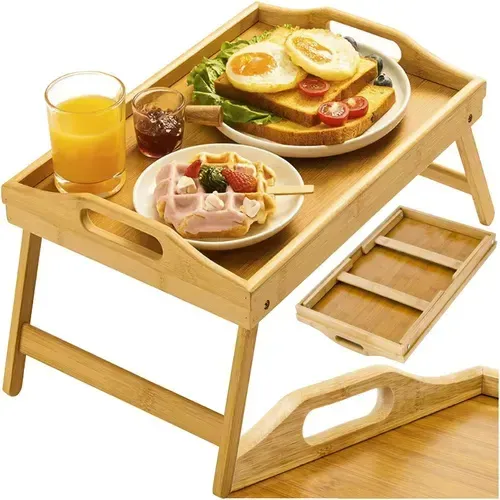 Bambusový raňajkový stolík do postele 50×30 cm, skladací, nosnosť 5 kg, aj na notebook