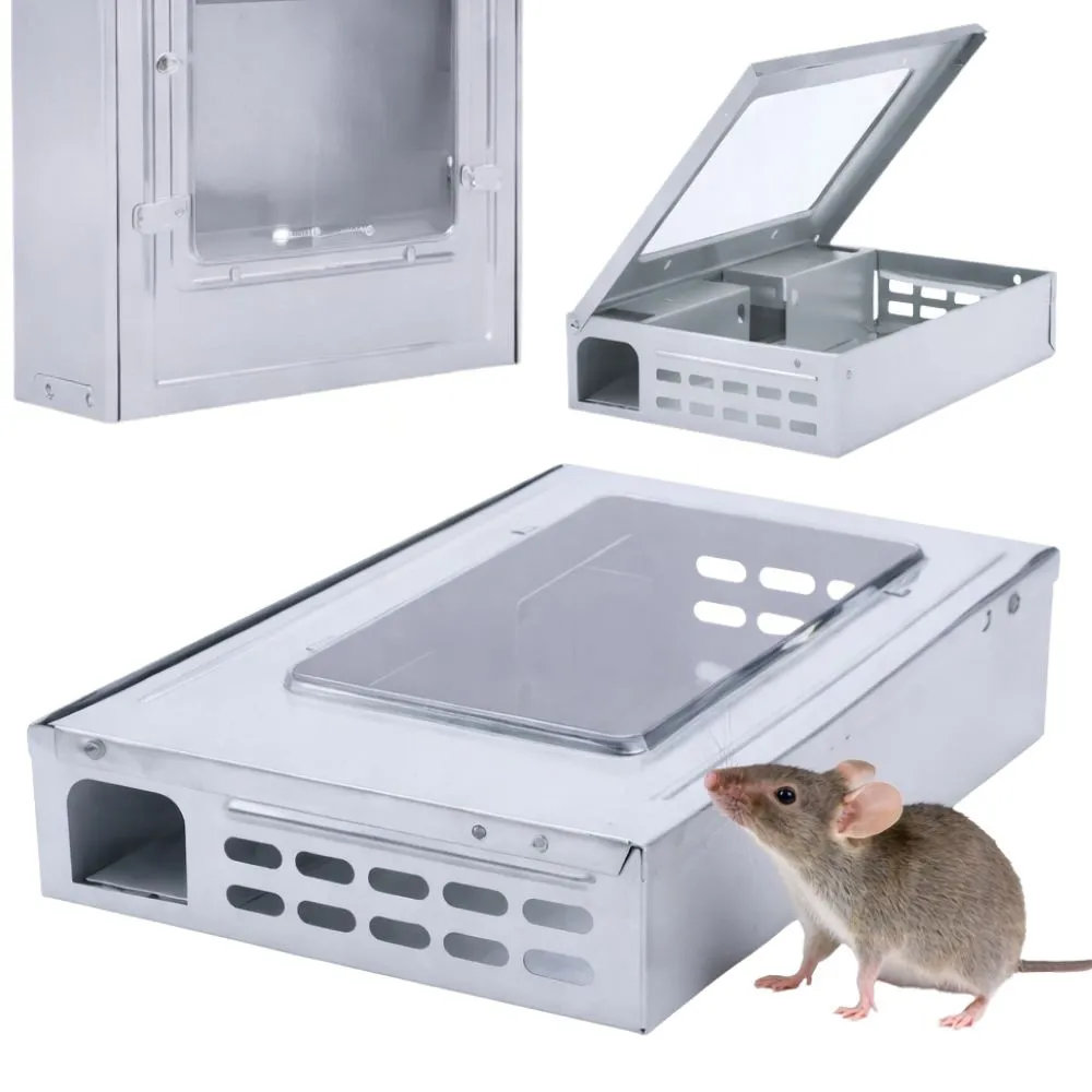 Kovová živolovná past na myši s automatickým zavíráním, humánní odchyt bez jedu, průhledný kryt, opakované použití
