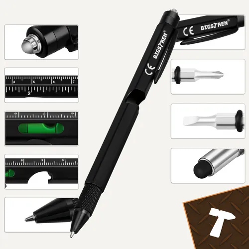 Černé multifunkční pero 9v1, LED svítilna, šroubovák, vodováha, stylus, otvírák, pravítko, klip