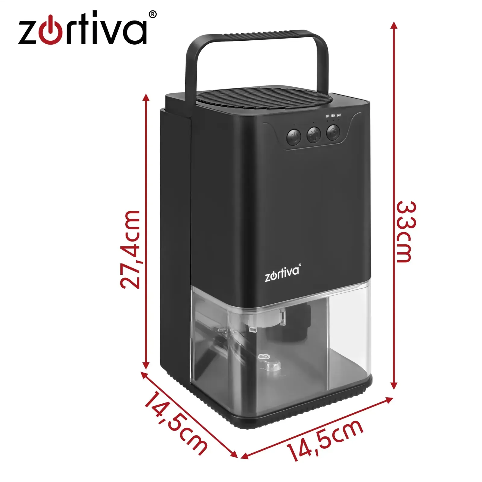 Černý odvlhčovač vzduchu 36W s nádržkou 1400 ml, výkon 380 ml/den, Peltier, časovač 8/16/24h, LED displej, auto vypnutí