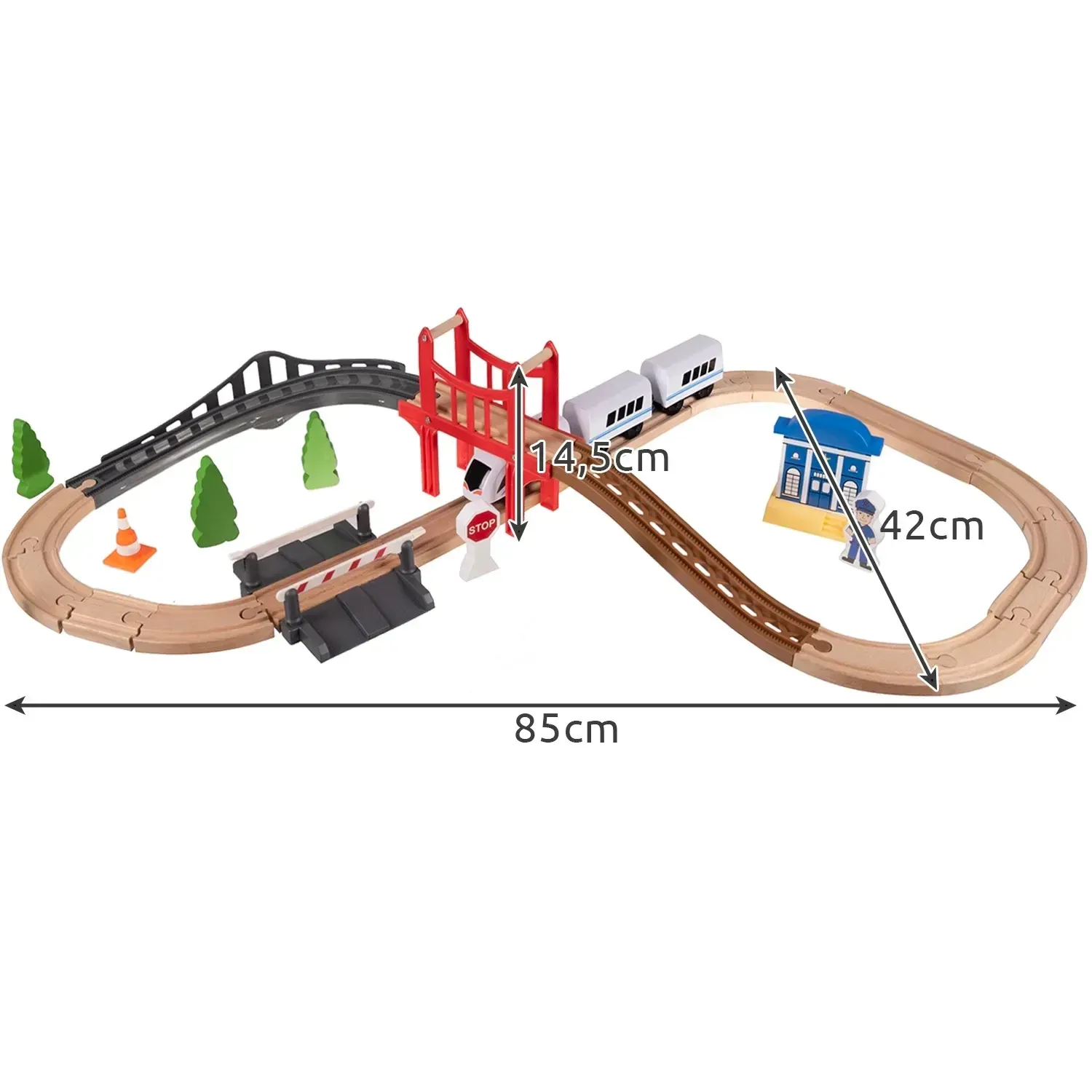 Cale ferată din lemn cu trenuleț pe baterii și vagoane cu cuplare magnetică, set de 37 de piese, lungimea traseului 3,2 m