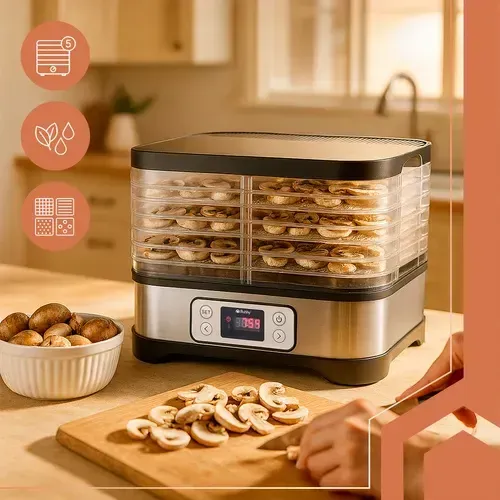 Suszarka do żywności ze stali nierdzewnej 400W, 5 tac 10 l, temperatura 35–70°C, timer 24h, wyświetlacz LCD, do grzybów, owoców, warzyw, ziół