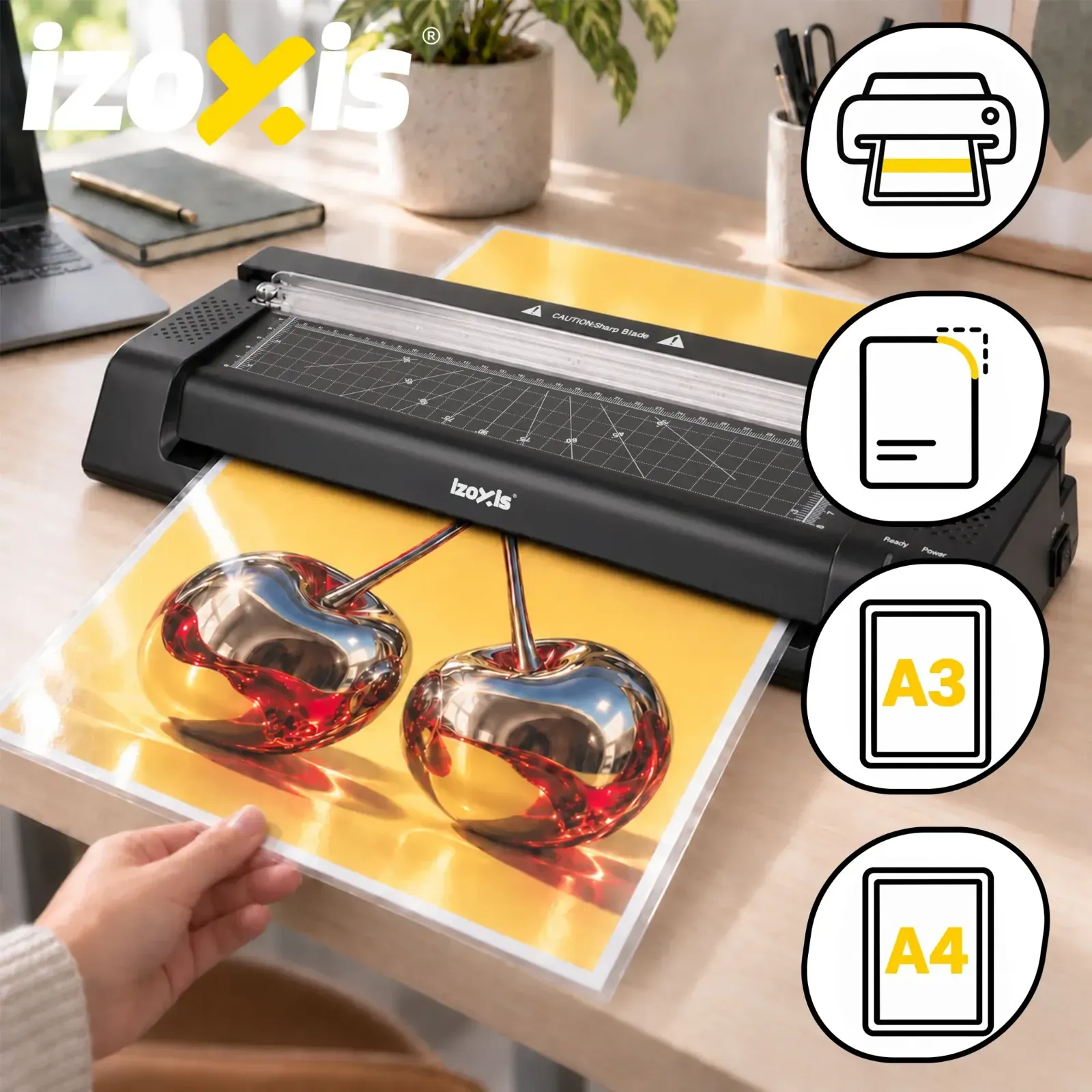 A3-as laminálógép vágóval, saroklekerekítővel és 110 laminálófóliával, meleg és hideg laminálás, 430 W