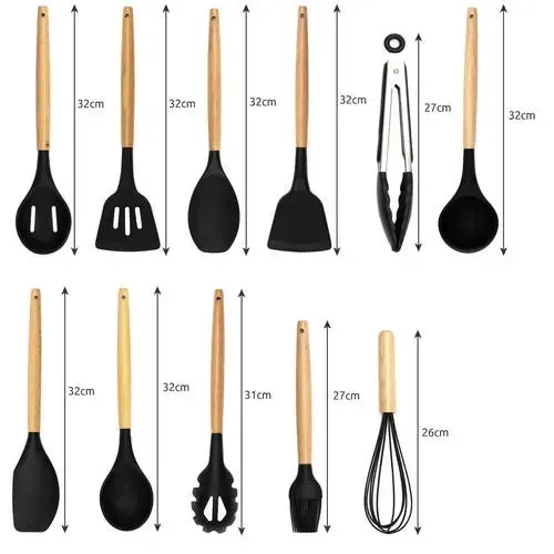 Set de ustensile de bucătărie din silicon și lemn, 12 piese, 11 ustensile și suport, rezistență până la 230 °C