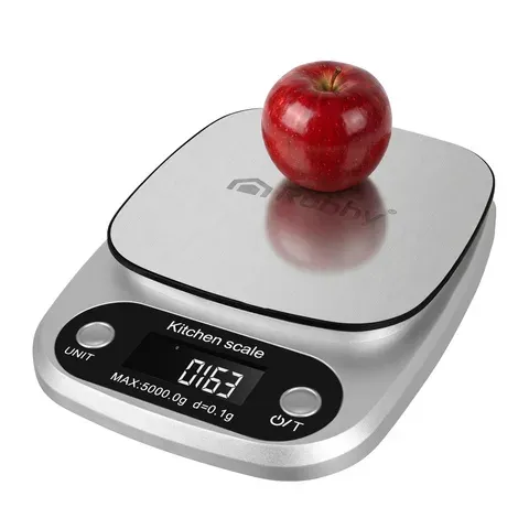 Cyfrowa waga kuchenna do 5 kg z dokładnością 0,1 g, platformą ze stali nierdzewnej i funkcją tarowania