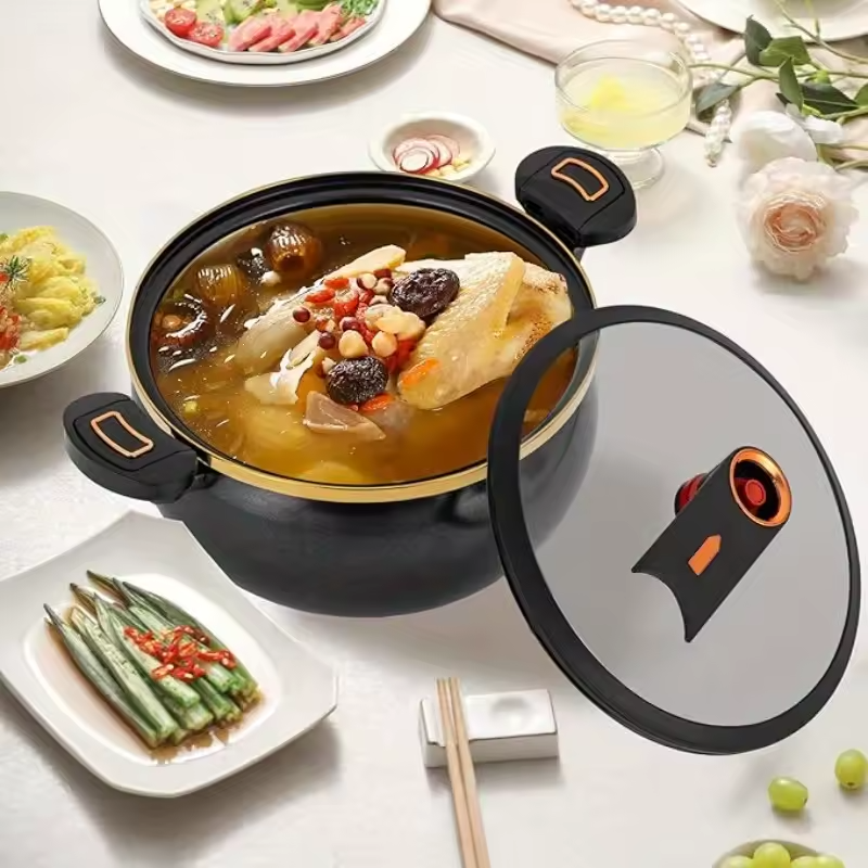 Oală ceramică cu micro-presiune 7 l, cu strat antiaderent, capac din sticlă și compatibilitate cu inducție, gaz și electric