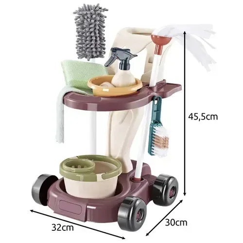 Set de curățenie pentru copii cu 18 piese, cărucior, aspirator funcțional pe baterii, mop și găleată
