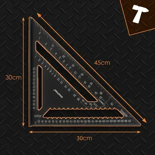 Černý hliníkový tesařský úhelník 12" 30×30 cm, úhel 90° a 45°, cm a palcová stupnice, zoubkovaný okraj, 5 tužek v sadě