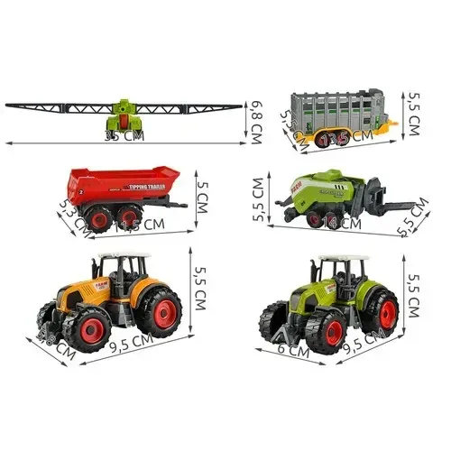 Set de tractoare și utilaje agricole, 6 piese, remorcă pentru animale, remorcă basculantă, pulverizator și presă de balotat