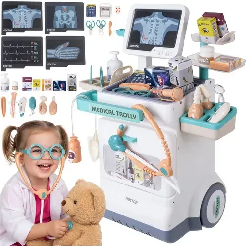 Dětská lékařská sada na vozíku 26 dílků s EKG a rentgenem, světelné a zvukové efekty