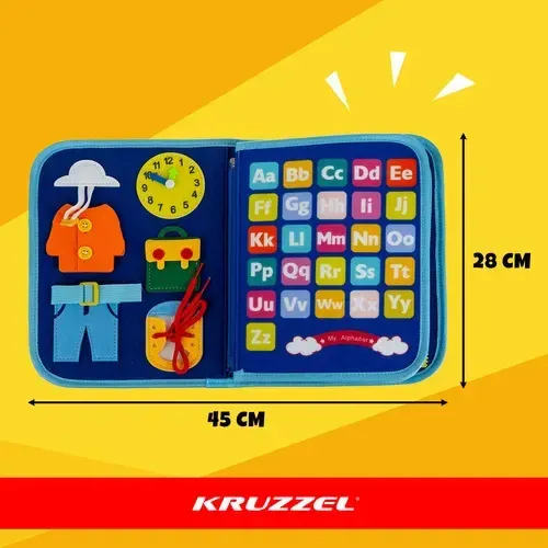 Modrá senzorická kniha Montessori z plsti, 7 aktivit pro rozvoj jemné motoriky