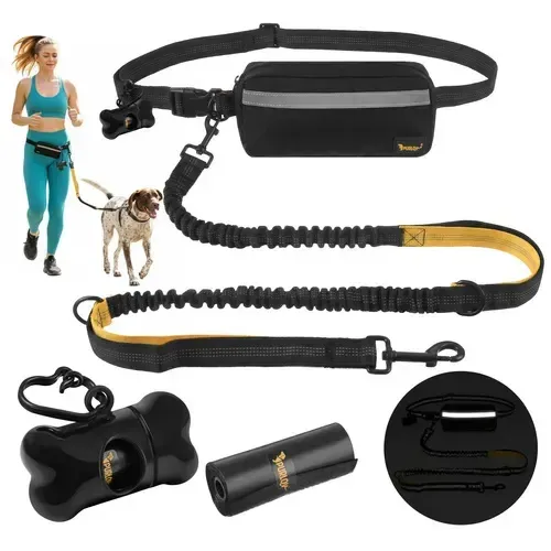 Hands-free povodec z ledvenim pasom za pse do 50 kg, blažilnik sunkov, odsevni elementi, torbica, vrečke, nastavljiv 1,35–2 m