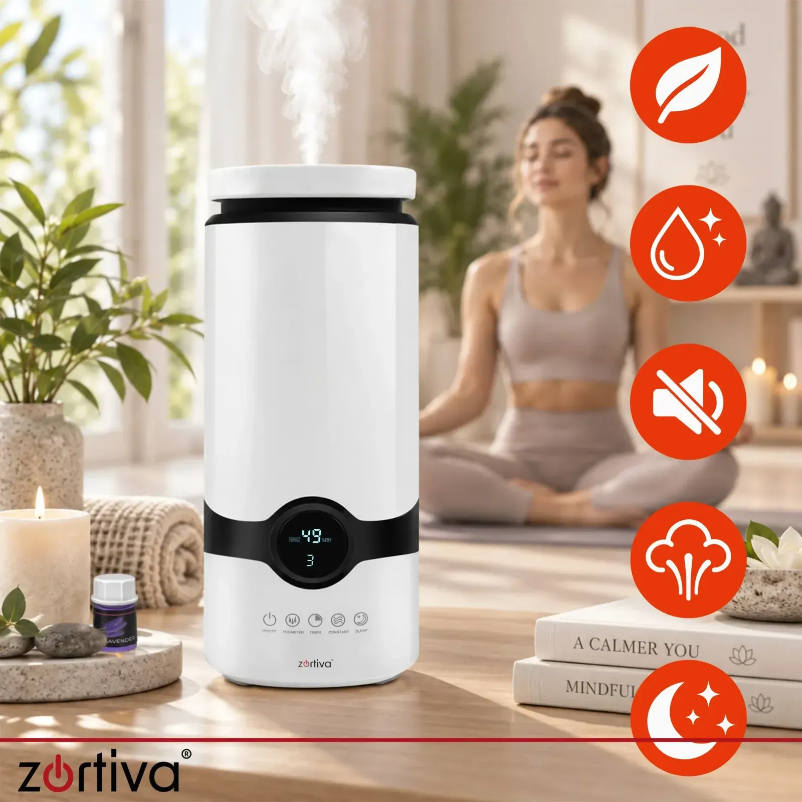 Umidificator ultrasonic alb și ionizator de aer 4 l cu difuzor, higrostat, mod de noapte, temporizator, telecomandă, 3 uleiuri esențiale