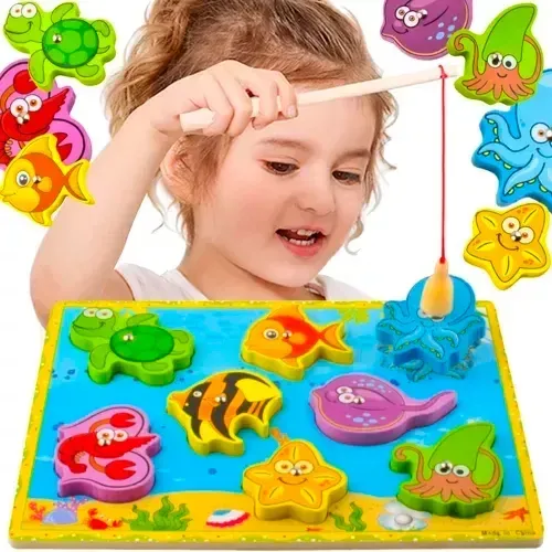 Dřevěné magnetické puzzle rybaření pro děti, 8 mořských zvířátek s magnetem, rybářský prut, vkládačka