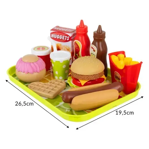 Dětská sada rychlého občerstvení 26 ks, sestavitelný hamburger, hot dog, vafle a hranolky s tácem
