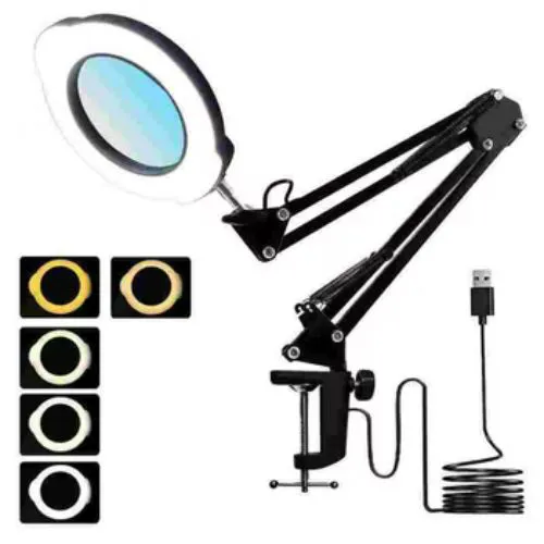 Černá stolní lupa s LED osvětlením 12W, zvětšení 3x, kloubové rameno 65cm, 2700-6500K, 10 stupňů jasu