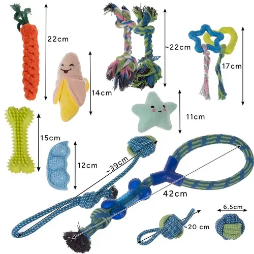 Sada hraček pro psy 16ks, provazové trháky, gumová kost, frisbee, banán s píšťalkou, pletená kousátka, 2 role sáčků