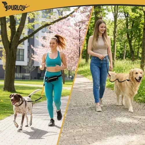 Hands-free vodítko s bederním pásem pro psy do 50 kg, tlumič nárazů, reflexní prvky, taška, sáčky, nastavitelné 1,35–2 m
