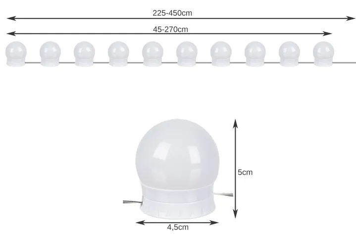 Samoprzylepne żarówki LED do lustra 10 szt. Hollywood, 3 barwy światła, 10 poziomów jasności, zasilanie USB