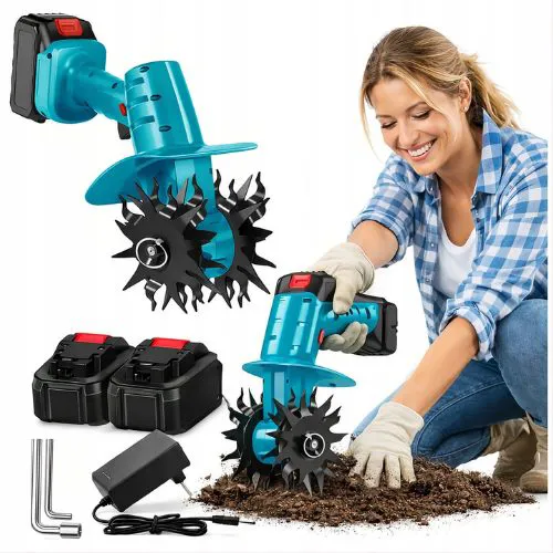 Aku ručný kultivátor 350 W s 2 batériami, záber 16 cm, hĺbka 19,5 cm, 2 oceľové nože, nabíjačka