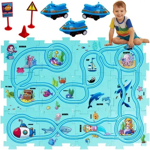Dětská puzzle autodráha s 3 autíčky na baterie a dopravními značkami, sada 25 dílků
