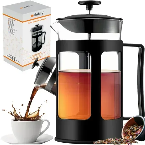 French press konvice na kávu a čaj 1l, skleněná, nerezový píst se sítkem, na 3–6 šálků